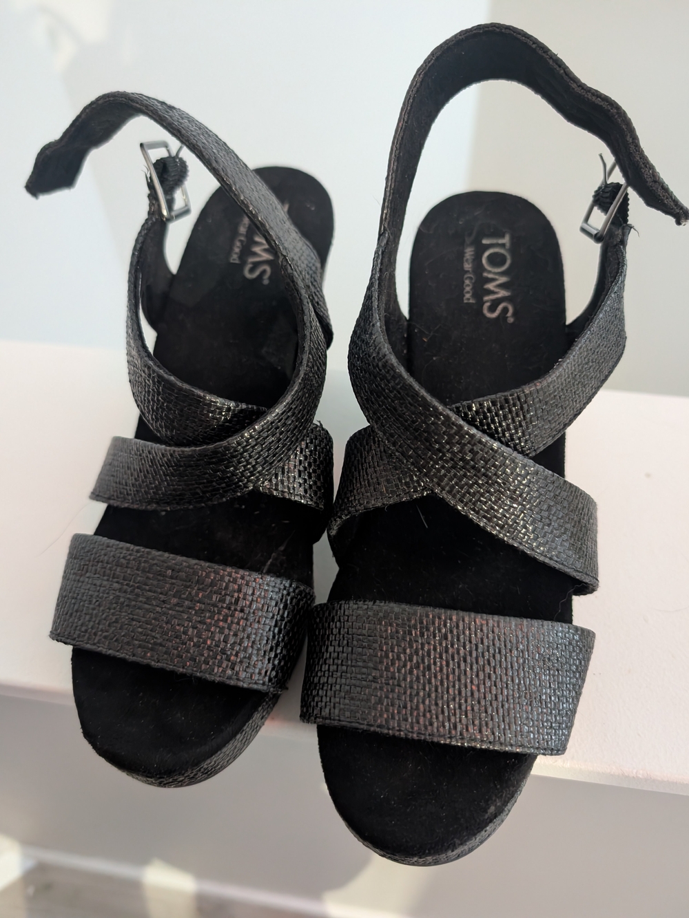 TOMS Black Textured Crisscross Wedge Sandals